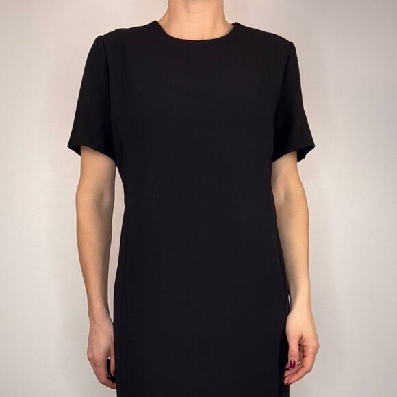 Black Midi Sheath Dress – Classic Little Black Dress, Minimalist Short Sleeve - Picture 9 of 11